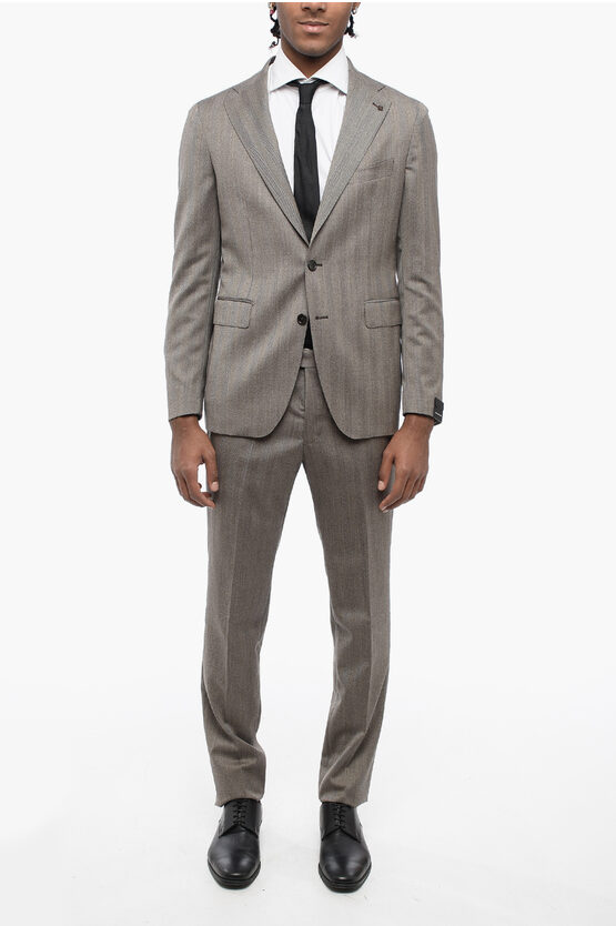 Tagliatore Herringbone Virgin Wool Slim Fit Suit With Flap Pockets In Gray