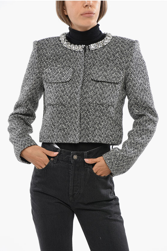 Self-portrait Herringbone Wool Blend Blazer With Jewel Crew-neck In Gray