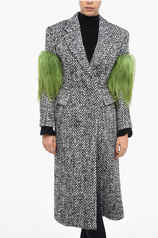 PRADA Herringbone Wool Blend Coat with Fur Details