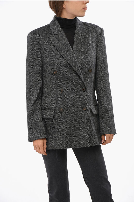 Brunello Cucinelli Herringbone Wool Virgin Blend Double Breasted Blazer In Gray