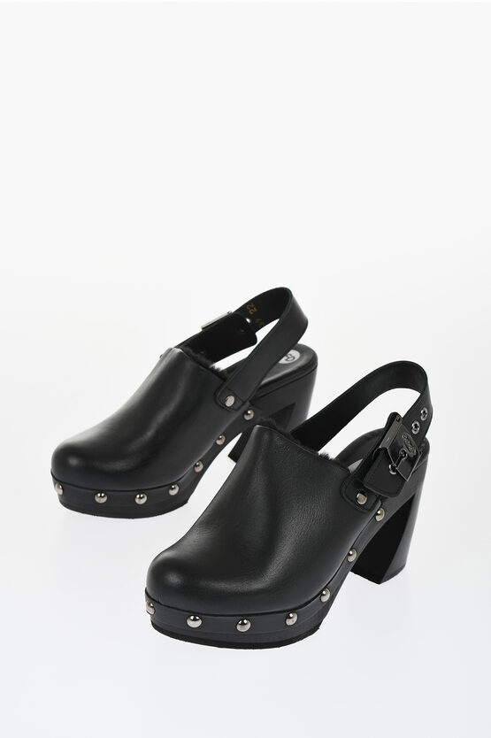 SCHOLL HFD LEATHER MULES WITH SILVER-EFFECT STUDS 10CM