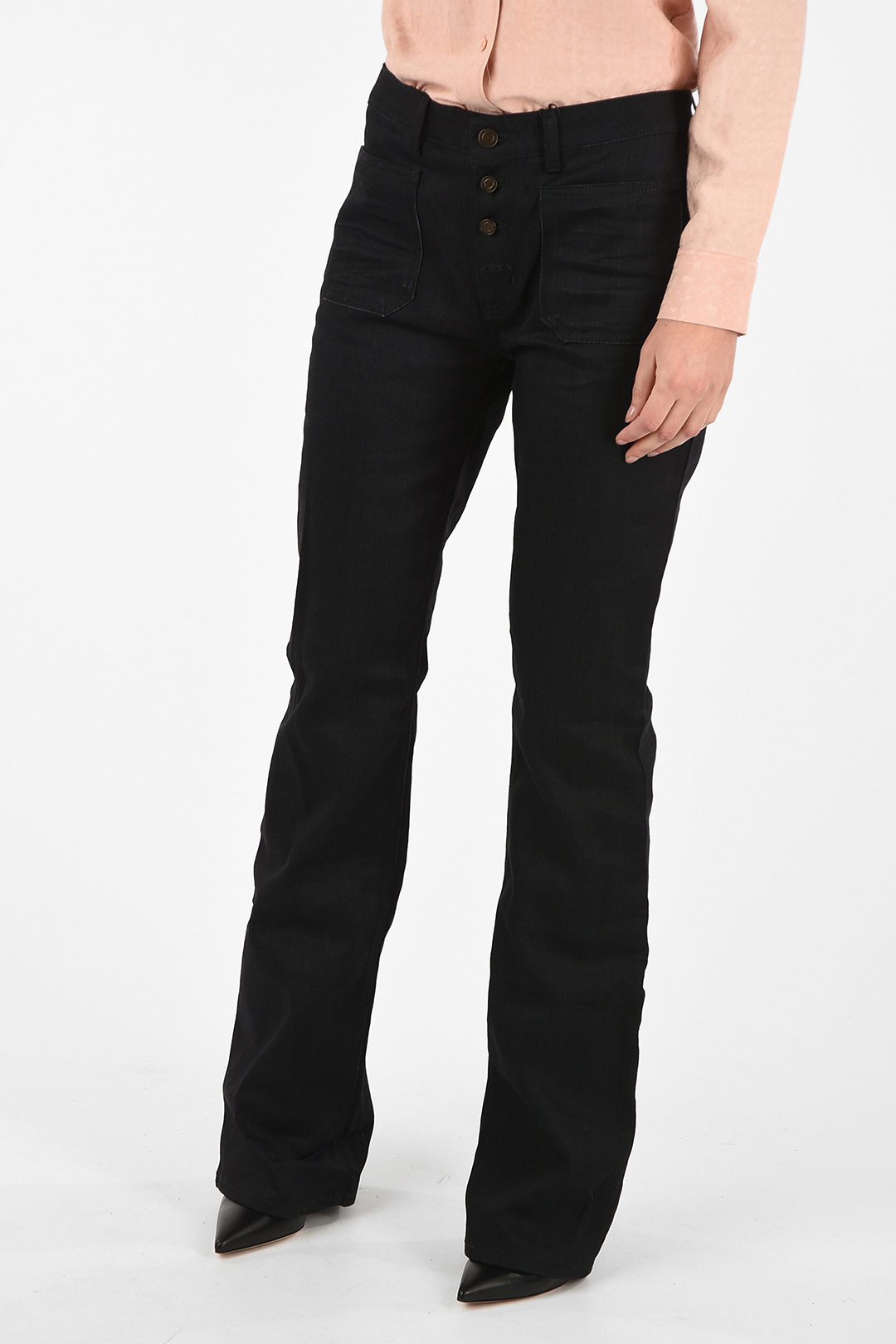 Saint Laurent High Rise Boot Cut Jeans with Logoed Buttons