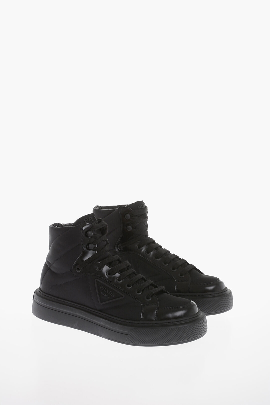 Prada Leather High-Top Sneaker 関税送料込 PRADA HIGH-TOP SNEAKERS SHOES BLACK LEATHER NYLON RED STRIPE