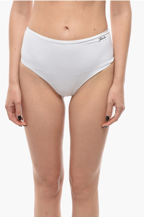 Karl Lagerfeld High Waist Bikini Bottom With Silver Logo In Metallic