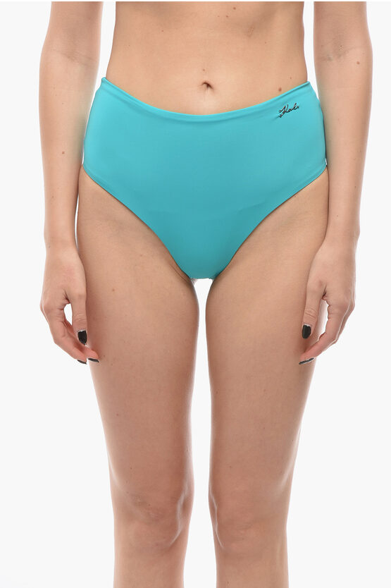 Karl Lagerfeld High Waist Bikini Bottom With Silver Logo In Blue