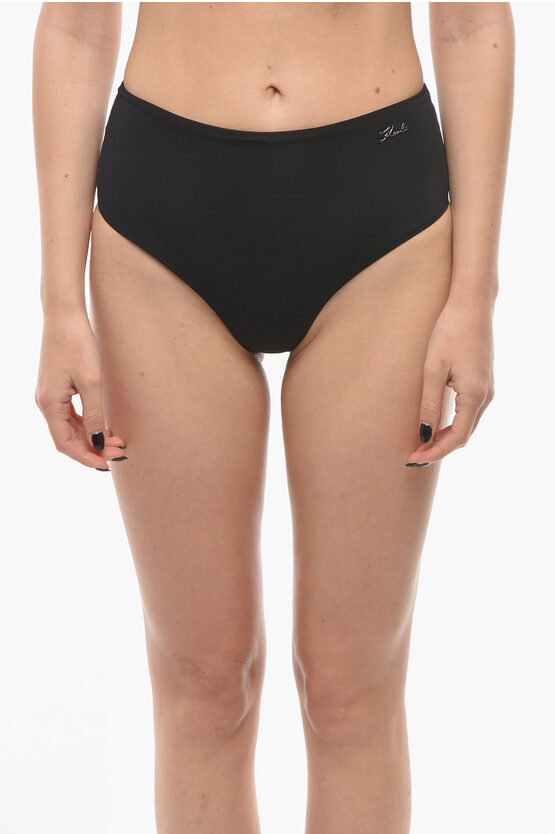 Karl Lagerfeld High Waist Bikini Bottom With Silver Logo In Black