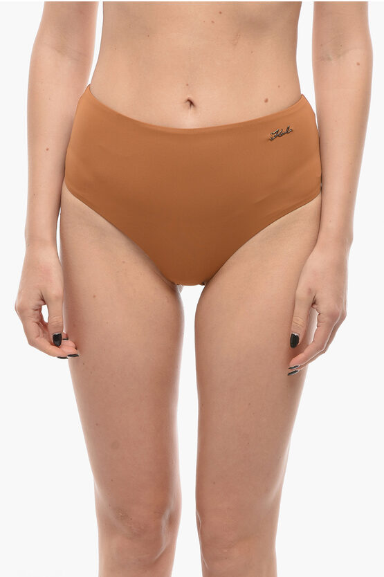 Karl Lagerfeld High Waist Bikini Bottom With Silver Logo In Brown