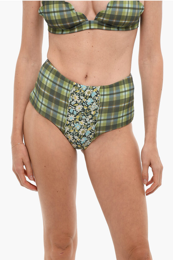 Marysia High Waist Checked Bikini Bottom With Floral Details In Green