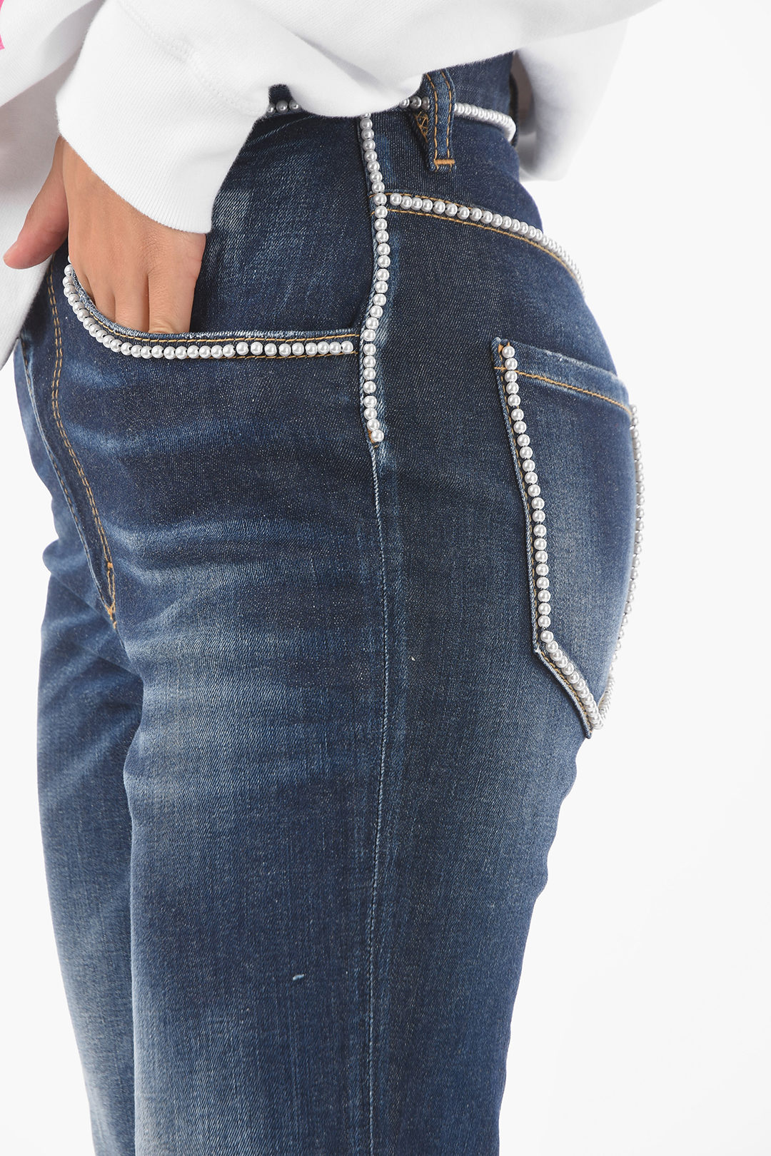 High Waist Cropped TWIGGY Jeans with beaded Trimmings