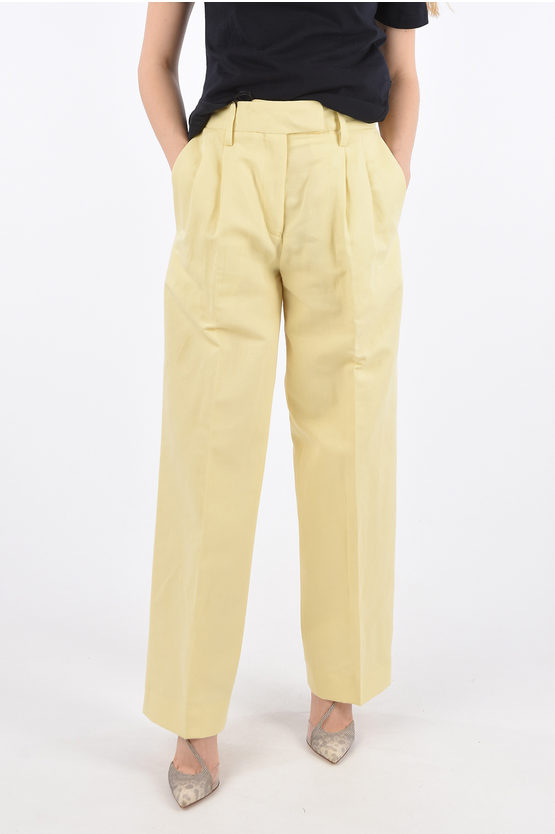 Remain High Waist Linen And Cotton Camino Double Pleated Pants In Yellow