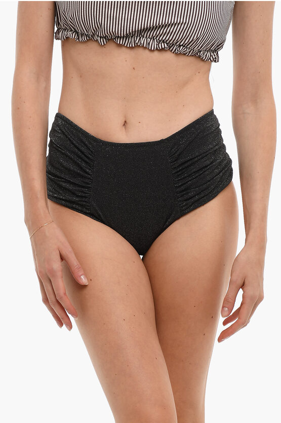 Ganni High Waist Lurex Bikini Bottom With Ruched Detailing In Black