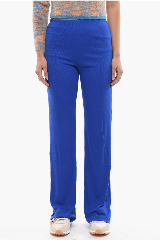 Lama Jouni High Waist Ribbed Straight Fit Trousers In Blue