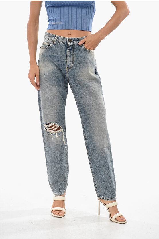Saint Laurent High Waist Slim Fit Distressed Jeans 16cm In Blue