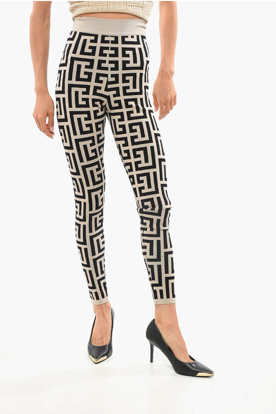 Balmain High-waisted Knitted Leggings With All-over Monogram In Neutral