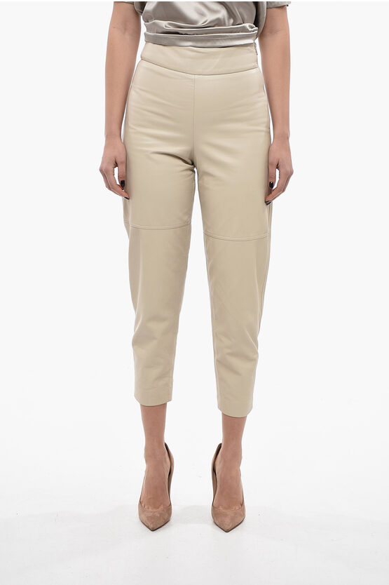 Brunello Cucinelli High-waisted Leather Pants With Side Zip In Gray