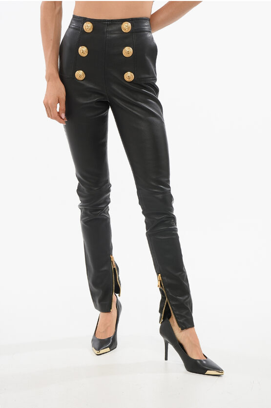 Balmain High-waisted Leather Skinny Pants With Decorative Buttons In Black