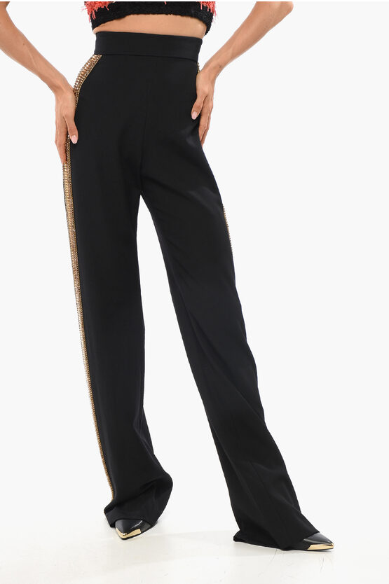 Balmain High-waisted Wool Pants With Jewel-embellished Side Bands In Black