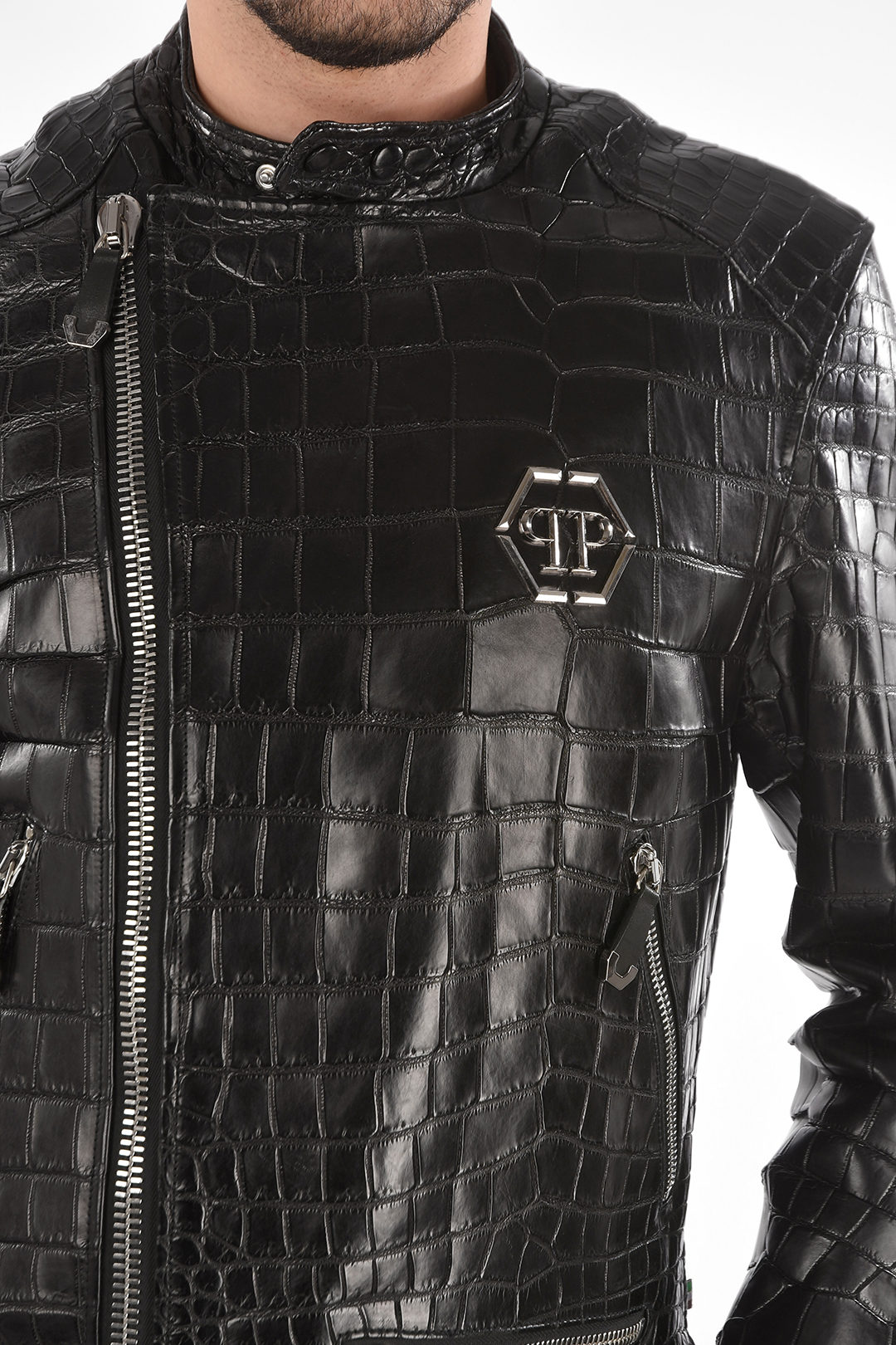 Men's luxury jacket - Philipp Plein biker jacket in crocodile-embossed  brown leather