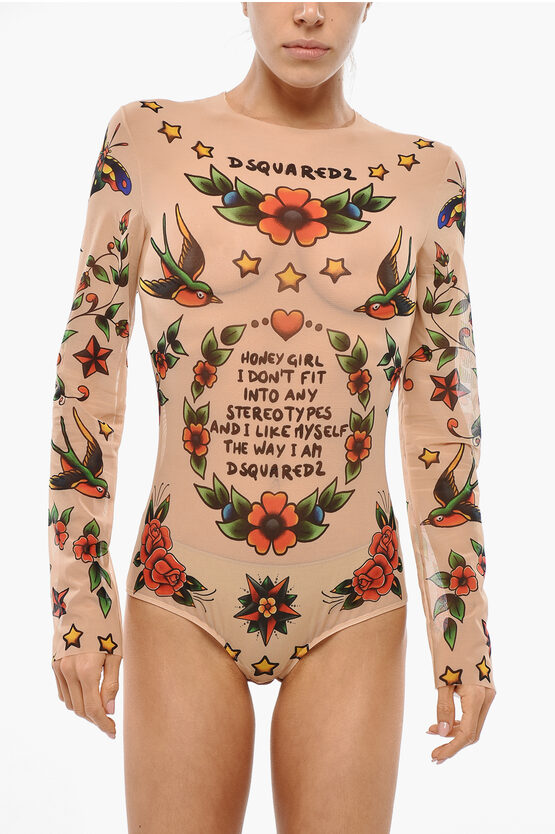 Dsquared2 Honey Tattoo Patterned Mesh Bodysuit In Multi