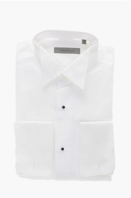 Corneliani Honeycomb Cotton Shirt With Wing-tip Collar In White