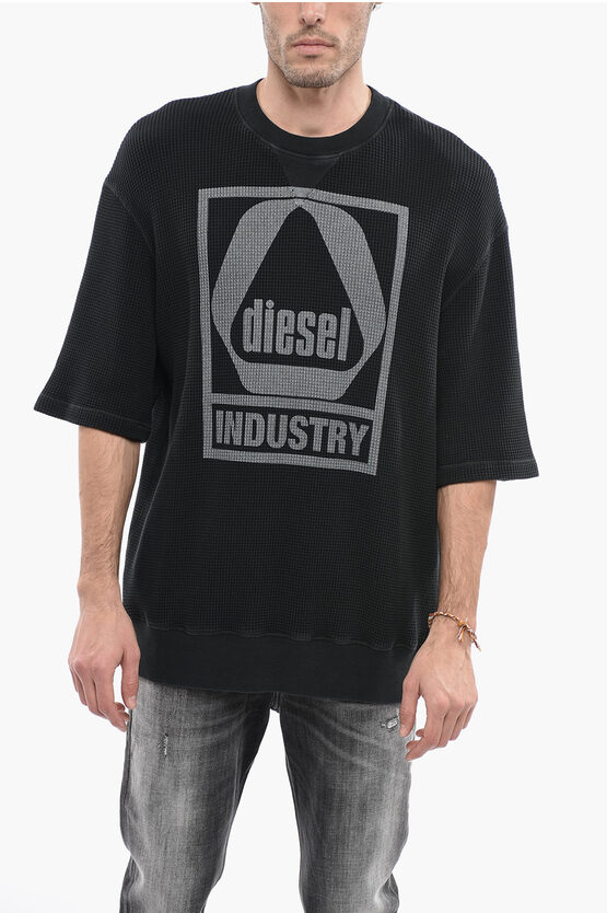 Diesel Honeycomb Motif Short Sleeve S-coolwaf Crew-neck Sweatshirt In Black