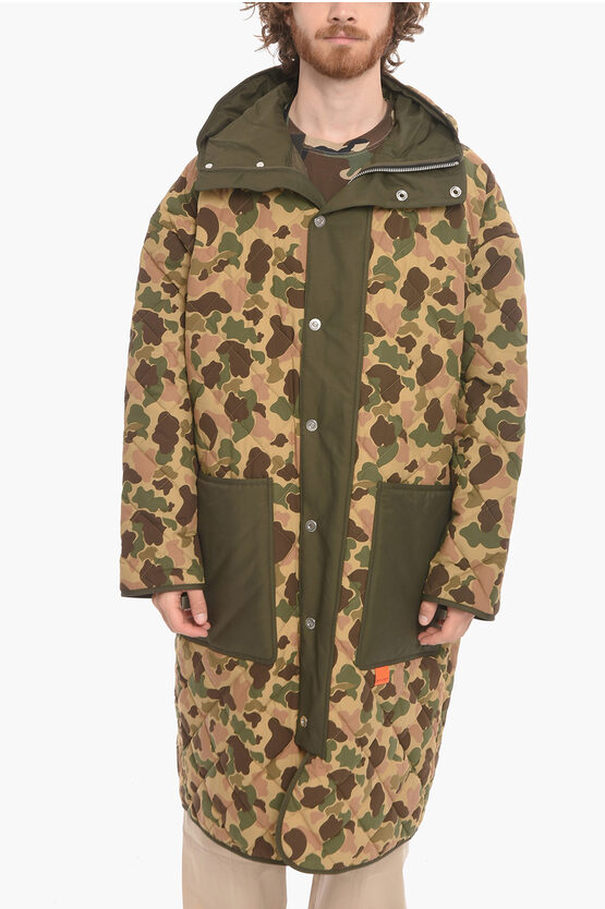 Palm Angels Hooded Camo Quilted Parka In Brown