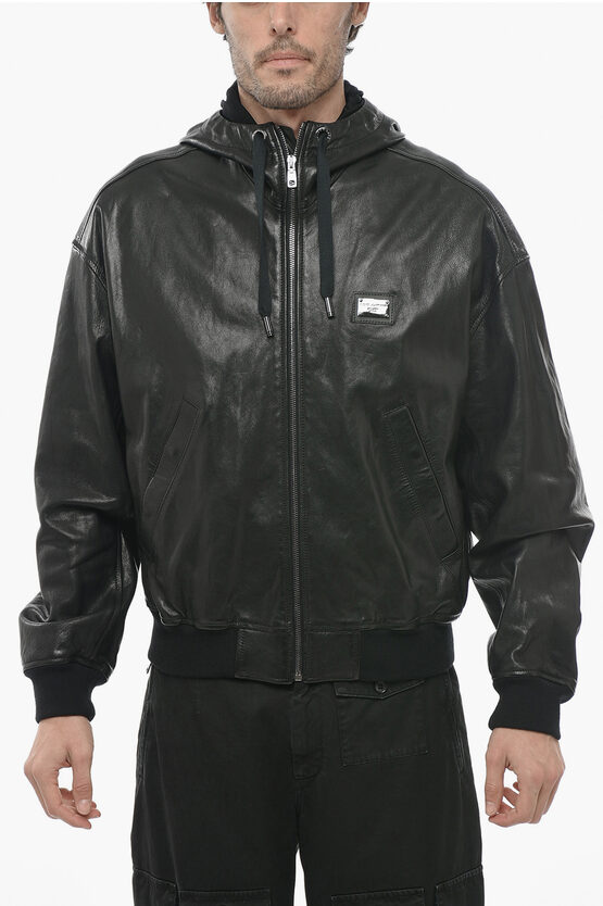 Dolce & Gabbana Hooded Leather Bomber Jacket In Black