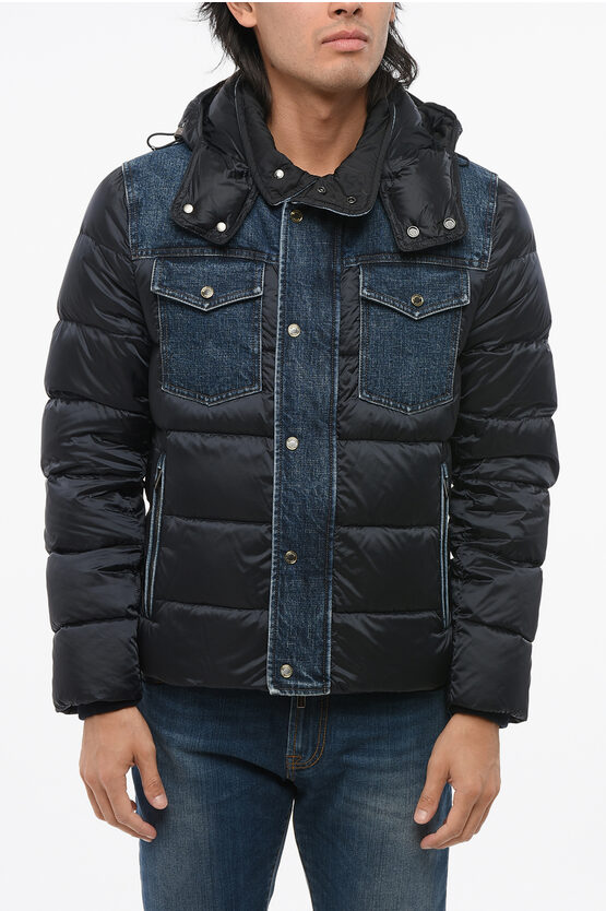 Moorer Hooded Teve Down Jacket With Denim Details In Black