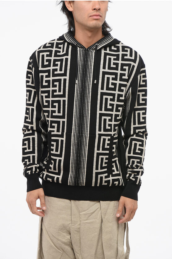 Balmain Hooded Wool Blend Sweater With All-over Monogram In Black