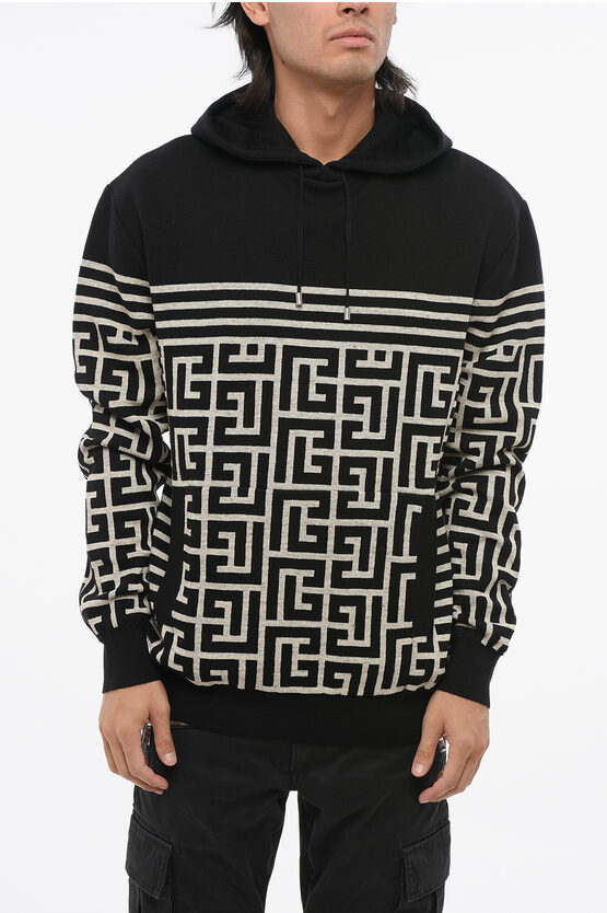 Balmain Black Hoodie With Monogram And Stripes In Wool And Linen Man In Black