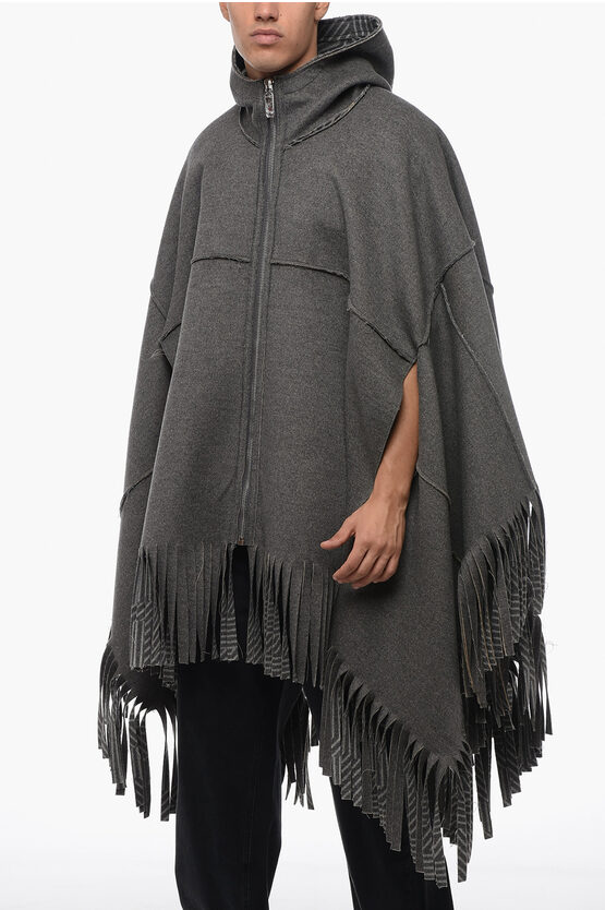 Shop Fendi Hooded Wool Cape With Fringed Bottom