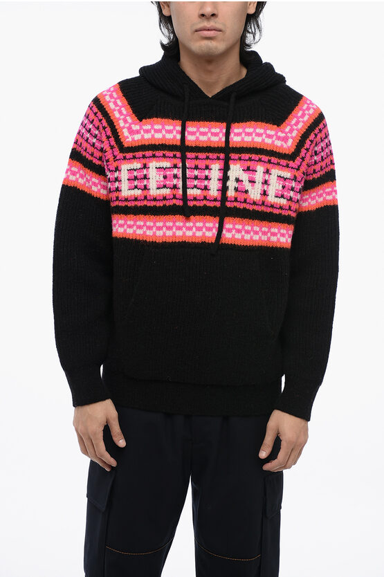 Celine Hooded Wool Pullover With Jacquard Logo