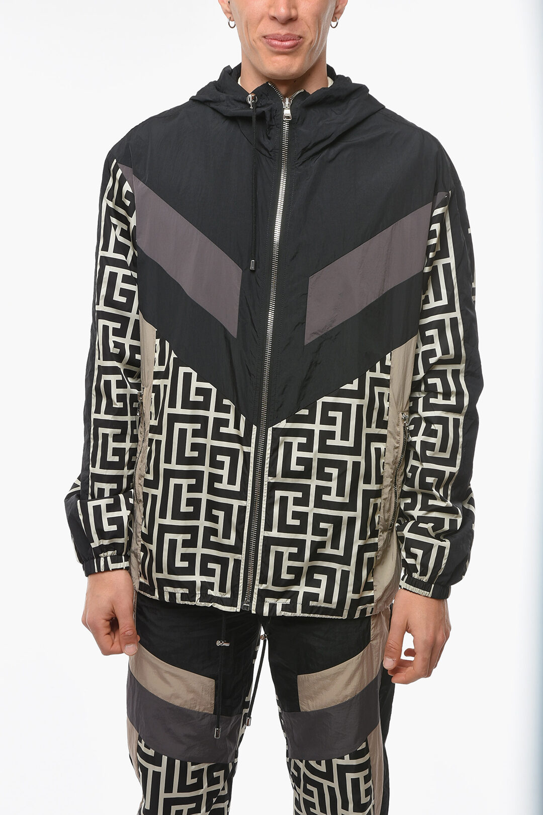 Hoodie Windbreaker Jacket with Monogram and Zipped Pockets