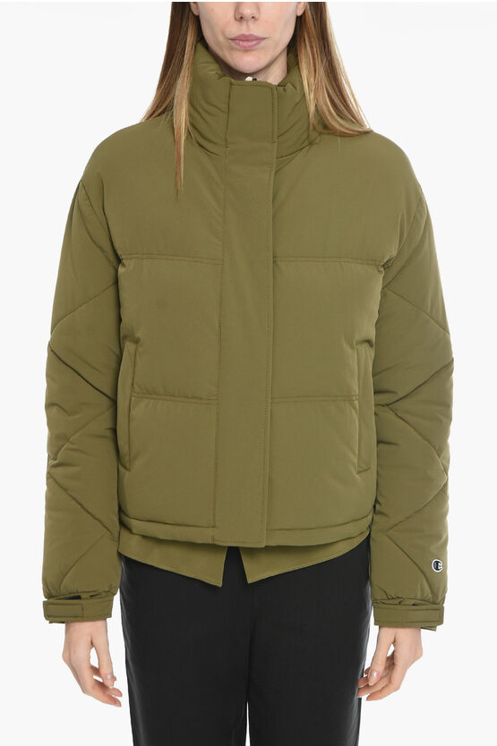 Champion Hoodless Puffer Jacket With Front Zip In Green