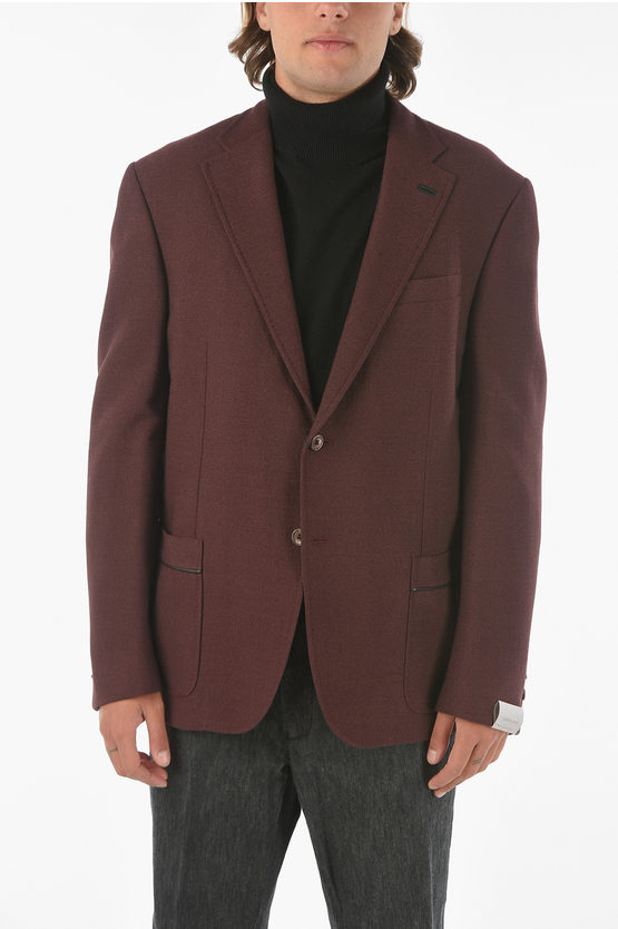 Corneliani Hopsack Academy Soft Blazer With Leather Details In Brown