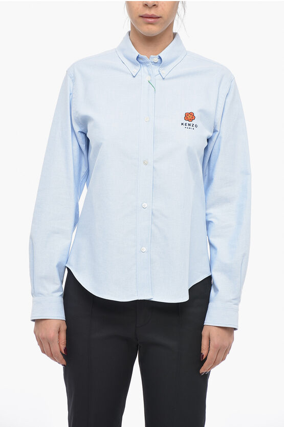 Kenzo Hopsack Cotton Crest Button-down Shirt In Blue
