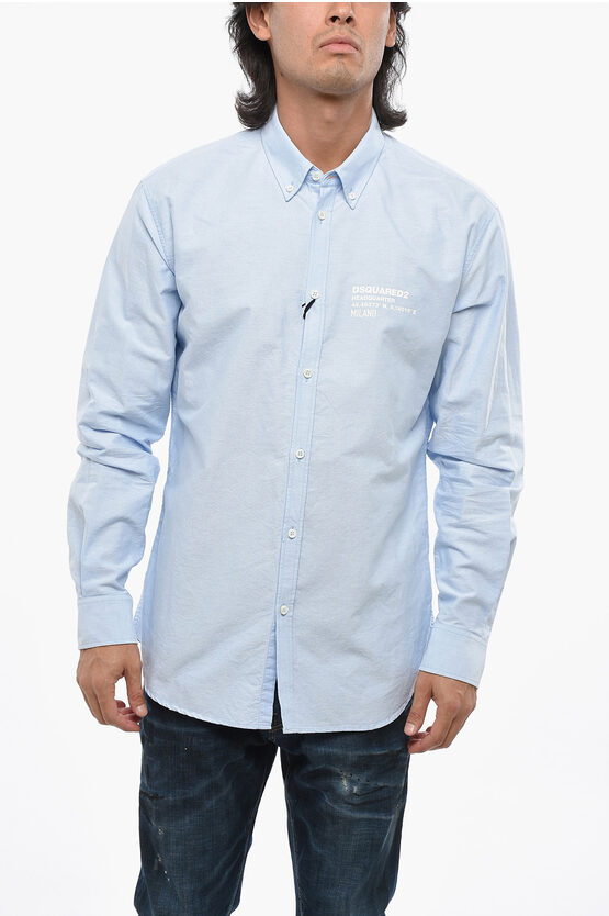 Dsquared2 Hopsack Cotton Headquarter Shirt With Button-down Collar In Blue