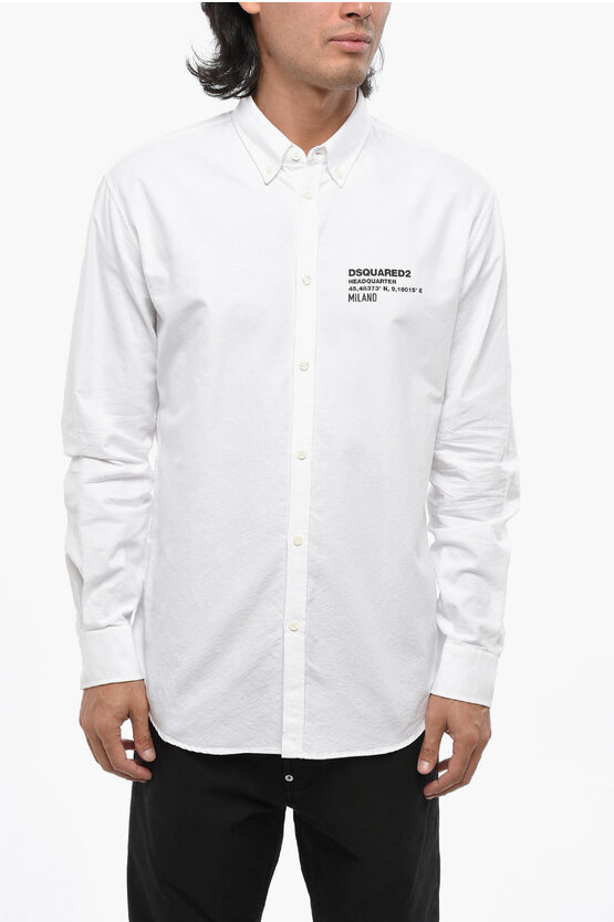 Dsquared2 Hopsack Cotton Headquarter Shirt With Button-down Collar In White