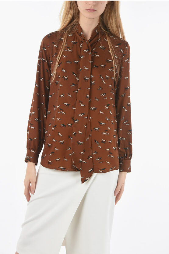 Altea Horses Printed Satin Bianca Shirt With Tie Neck In Brown