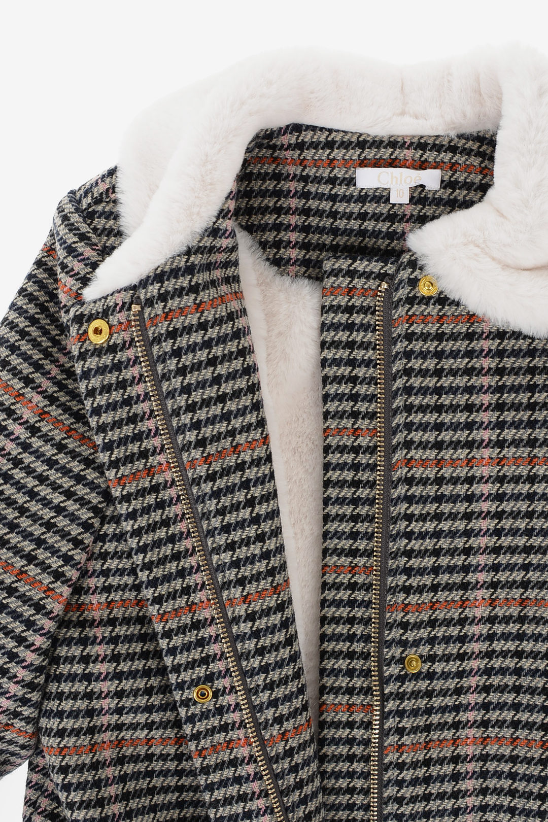 Chloe Kids houndstooth coat with Faux Fur applications girls