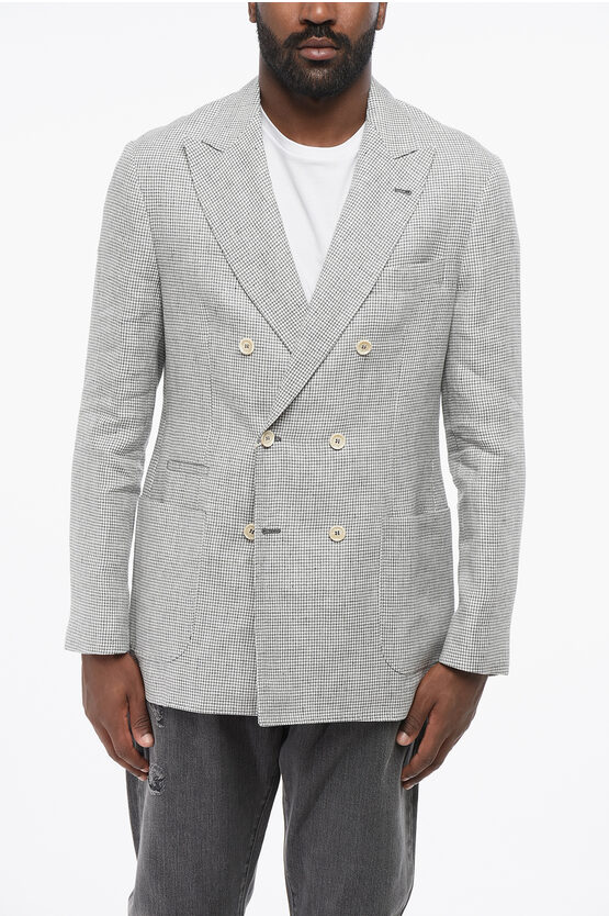 Brunello Cucinelli Houndstooth Linen Double-breasted Blazer With Patch Pockets