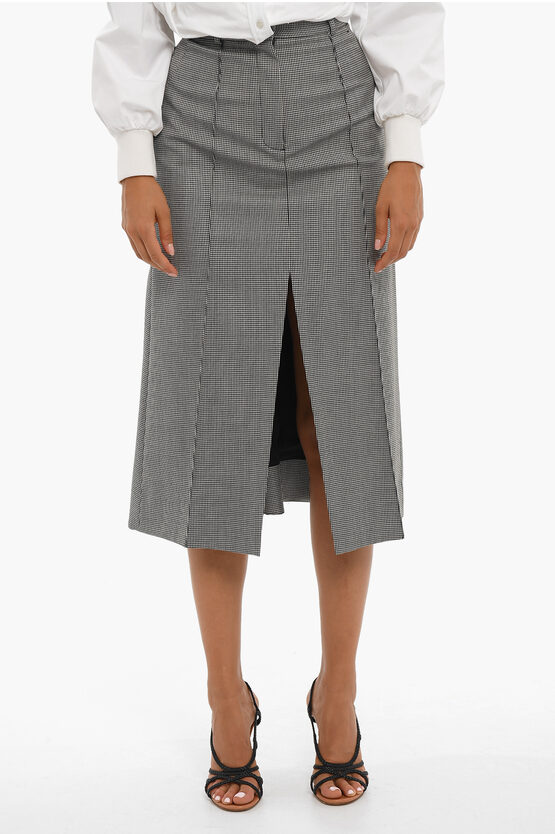 Alexander Mcqueen Houndstooth Maxi Skirt With Frontal Slit In Gray