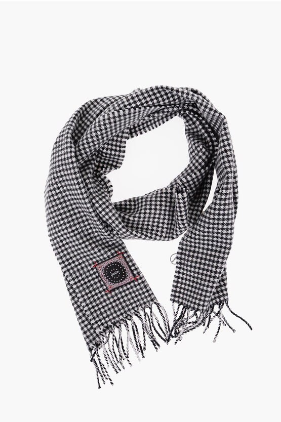 Destin Houndstooth Motif Wool And Cashmere Scarf With Fringes In Black
