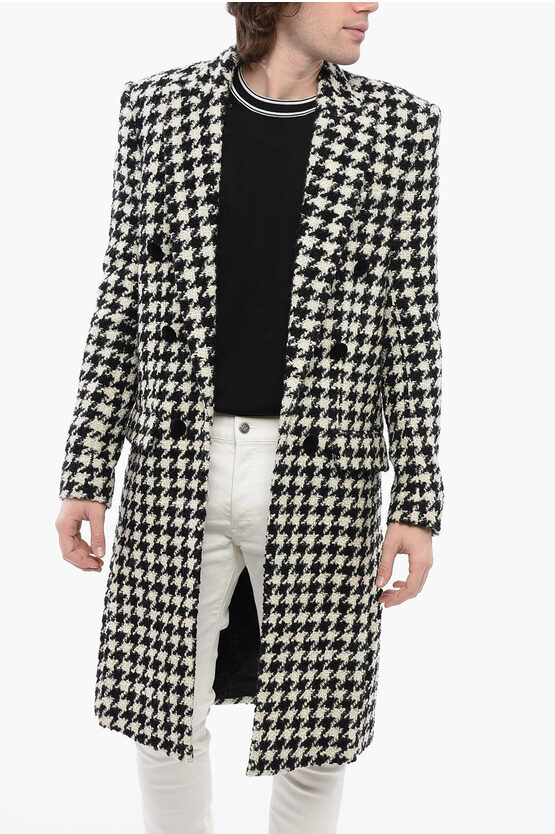 Balmain Houndstooth Patterned Tweed Coat With Velour Buttons In Black