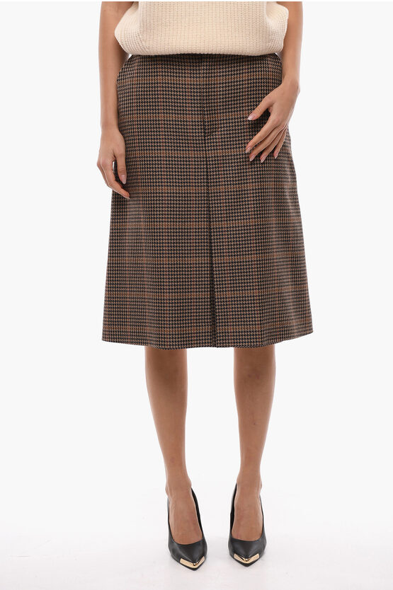 Balenciaga Houndstooth Pleated Skirt With Asymmetric Back In Denim In Brown
