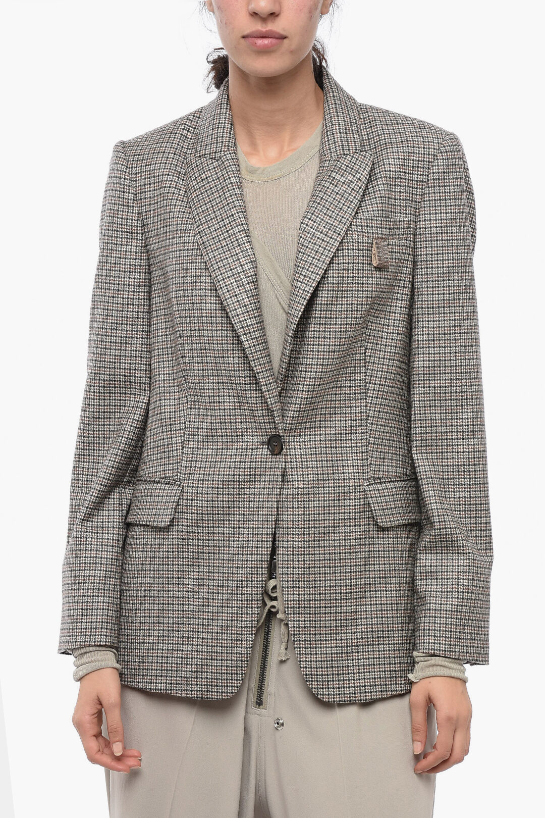 Brunello Cucinelli Houndstooth Virgin Wool Blend Blazer with