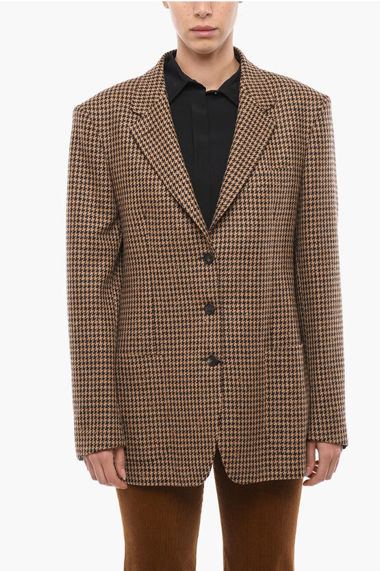 Tagliatore Houndstooth Wool Blend Blazer With Patch Pockets In Brown