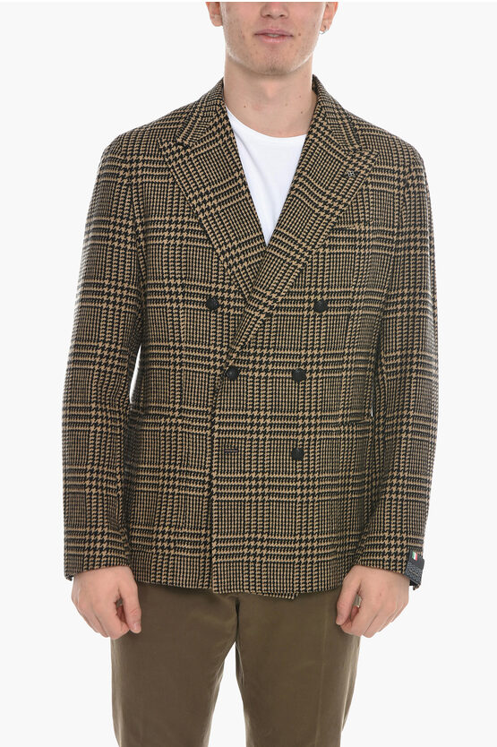 Tagliatore Houndstooth Wool Blend Double Breasted Blazer In Green