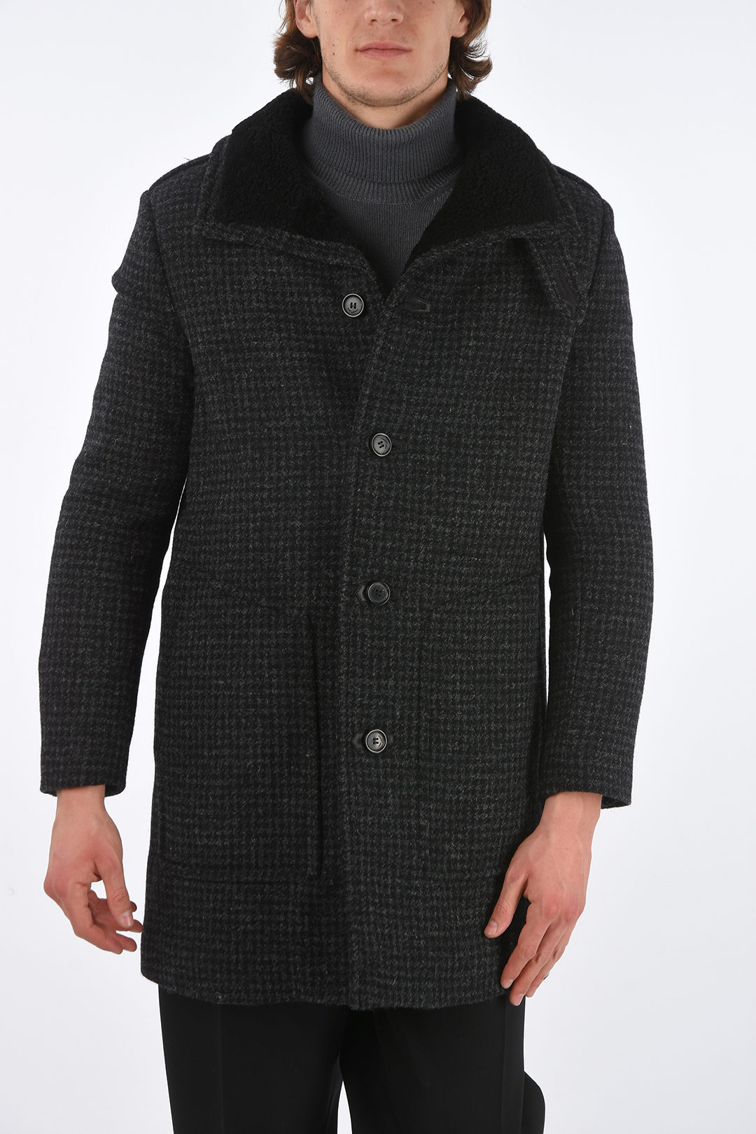 Saint Laurent Houndstooth Wool Coat with Shearling Collar men - Glamood  Outlet
