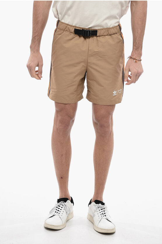 Adidas Originals Human Made Shorts With Contrasting Side Bands And Industrial In Brown
